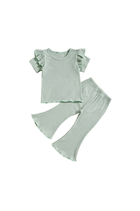 Girls Summer Outfits, Girls Summer Sets, 1-5 Years Girls' Casual Summer Outfits Solid Color Ruffle Short Sleeve Round Neck T-shirts and Long Pants Two Piece Sets