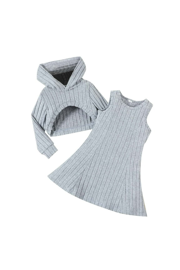 Girls Summer Outfits, Girls Summer Sets, Spring Fleece-lined Hooded Sweatshirt with Sleeveless Dress for Small and Medium-sized Girls