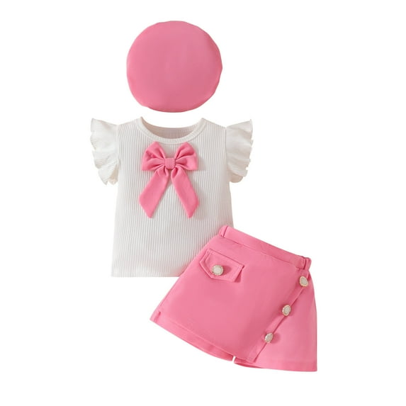 Ashirexll Toddler Outfits for Girls, Kids Clothes Girls, 6 Months-3 Years Toddler Girls Fashion Cute Sleeveless Bowknot Top with Hat and A-Line Short Skirts Three Piece Set