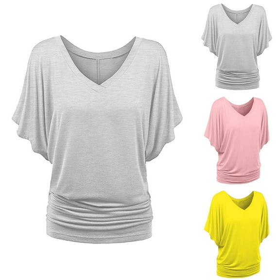 Ashirexll Ladies Tops and Blouses, Short Sleeve Tops for Women, Fashion Casual Women Plus Size Solid Short Sleeve Blouse V-neck Loose T-shirts