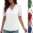 thumbnail image 1 of Ashirexll Ladies Tops and Blouses, Short Sleeve Tops for Women, Fashion Women's Summer V-neck Short Sleeve Lace Solid Casual T-shirt Blouse, 1 of 6