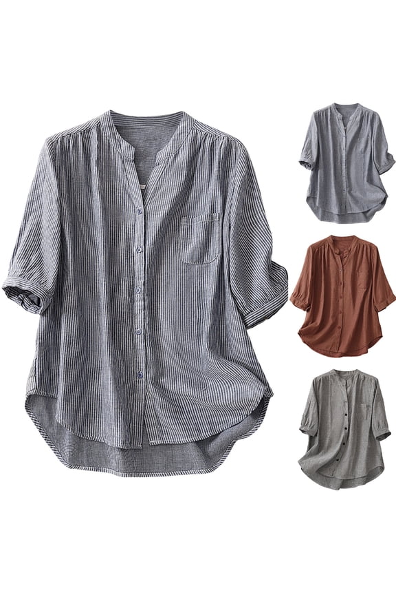 Ladies Tops and Blouses, Short Sleeve Tops for Women, Spring Summer Linen Casual Short Sleeve V-neck Stripe Printed Shirt
