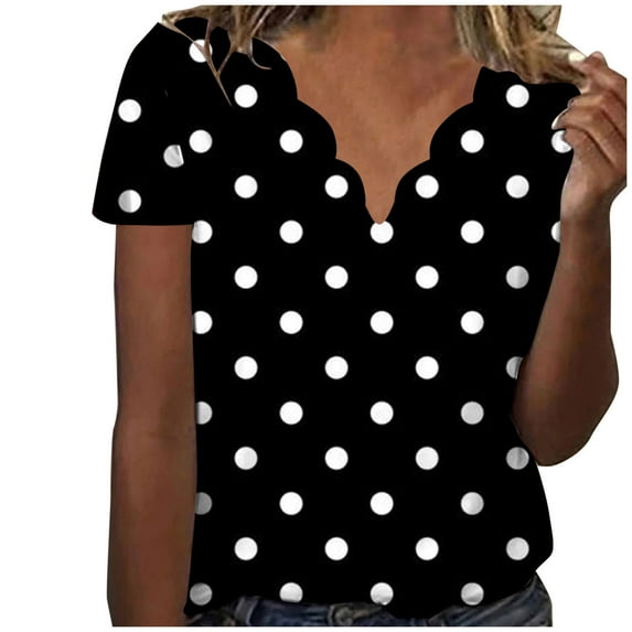 Summer Saving! Ashirexll Ladies Tops and Blouses, Short Sleeve Tops for Women, Women's Summer Fashion Polka Printed Collar Casual Short Sleeve Top Short Sleeve V-neck Top Shirt