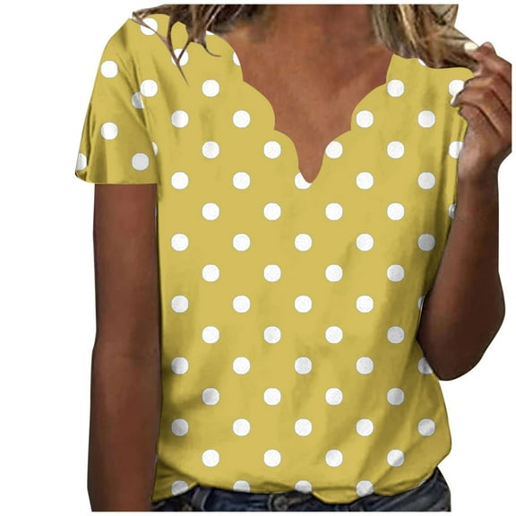 Ashirexll Ladies Tops and Blouses, Short Sleeve Tops for Women, Women's Summer Fashion Polka Printed Collar Casual Short Sleeve Top Short Sleeve V-neck Top Shirt