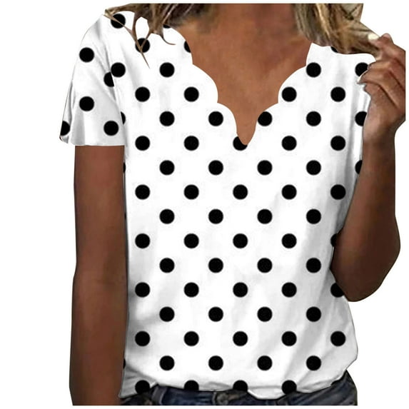 Ashirexll Ladies Tops and Blouses, Short Sleeve Tops for Women, Women's Summer Fashion Polka Printed Collar Casual Short Sleeve Top Short Sleeve V-neck Top Shirt