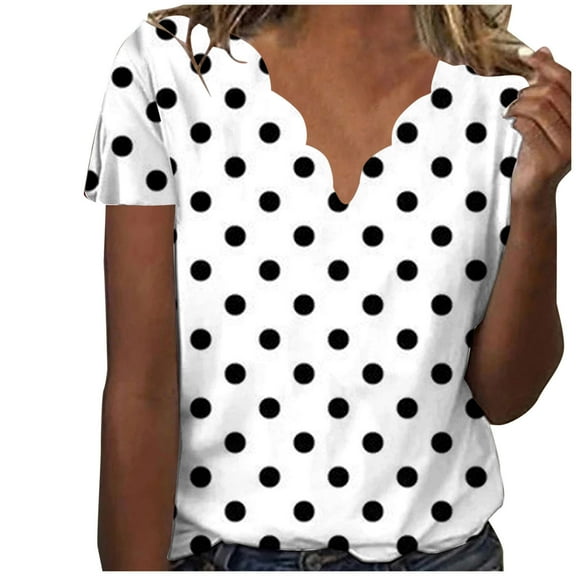 Ashirexll Ladies Tops and Blouses, Short Sleeve Tops for Women, Summer Fashion Polka Printed Collar Casual Short Sleeve Top Short Sleeve V-neck Top Shirt