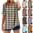 thumbnail image 1 of Ashirexll Ladies Tops and Blouses, Short Sleeve Tops for Women, Women's V-neck Short Sleeve Striped Checkered Summer Button Short Sleeve Loose and Fashion T-shirt Top, 1 of 5