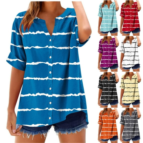 Ashirexll Ladies Tops and Blouses, Short Sleeve Tops for Women, Women's V-neck Short Sleeve Striped Color Blocked Summer Button Short Sleeve Loose Fashion T-shirt Top