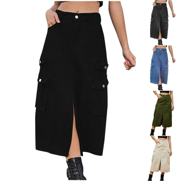 Ashirexll Long Skirts for Women Summer Skirts Women's Summer Solid Color Elastic Waist Cargo Denim Long Skirt Fashion and Slit Jean Skirt