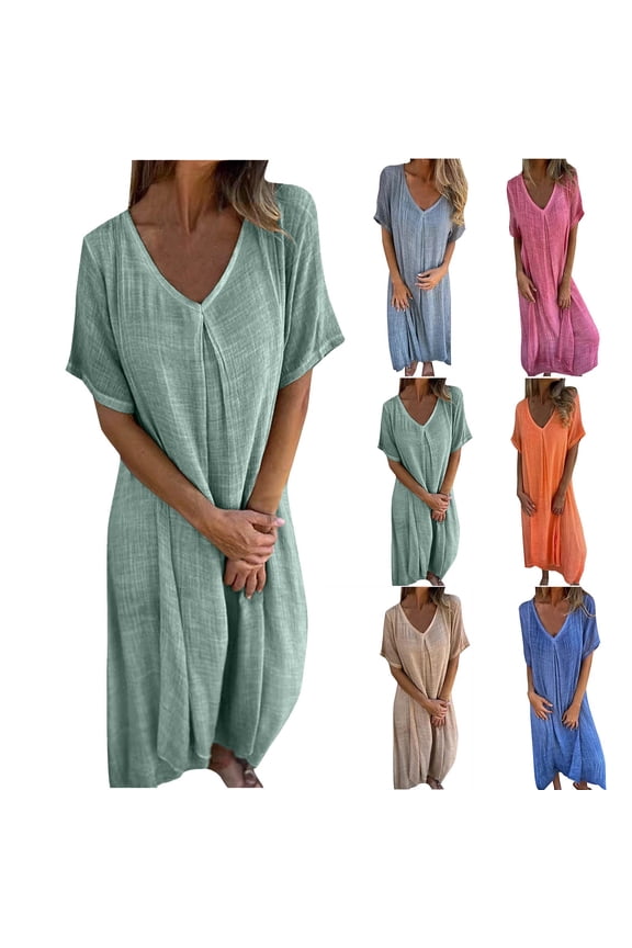 Maxi Dresses for Women, Womens Summer Dresses, Fashion Casual Round Neck Solid Color Short Sleeve Loose Dress