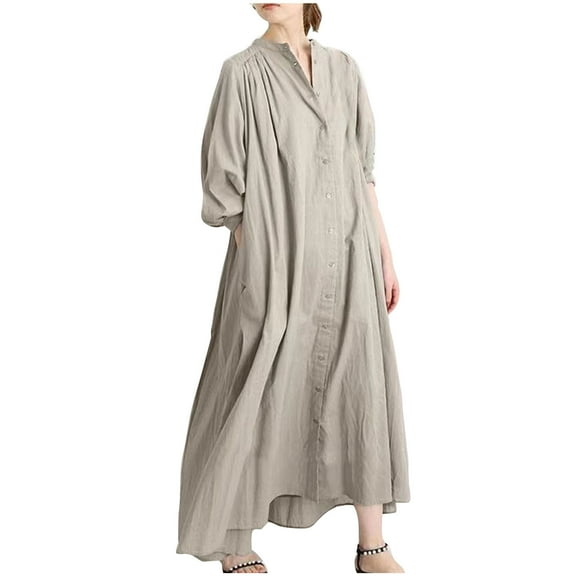 Ashirexll Maxi Dresses for Women, Womens Summer Dresses, Short Sleeve V-Neck Fashion Solid Color High Waist and Ankle Split V-Neck Dress