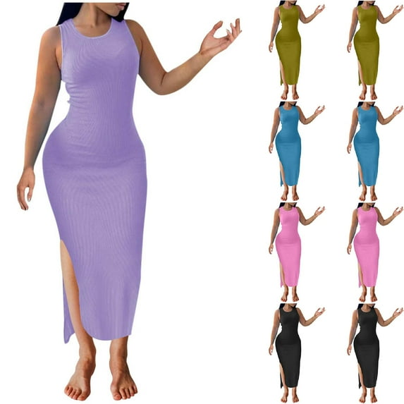 Summer Saving! Summer Saving! Ashirexll Maxi Dresses for Women, Womens Summer Dresses, Women Slim Round Neck High Waist Sleeveless Solid Color Dress
