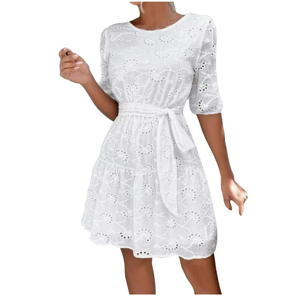 Ashirexll Midi Dresses for Women, Women's Casual Dresses, Versatile Temperament White Embroidered Fabric Short Sleeve Round Neck Dress