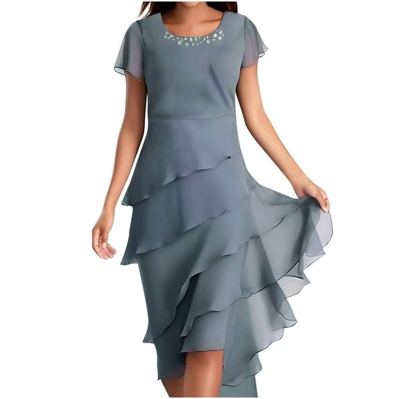 Ashirexll Midi Dresses for Women, Womens Summer Dresses, Women Fashion Summer Solid Color Patchwork Chiffon Short Sleeve Round Neck Dress