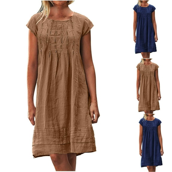 Summer Saving! Summer Saving! Ashirexll Midi Dresses for Women, Womens Summer Dresses, Women's Round Neck Short Sleeve Pleated Solid Color Linen Loose Fitting Dress