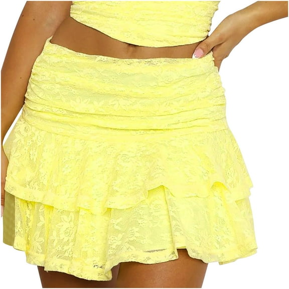 Summer Saving! Ashirexll Mini Skirts for Women Summer Skirts Women's Solid Color Tiered Lace Mini Skirt Young Ladies Pleated Skirt