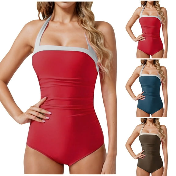 Ashirexll One Piece Swimsuit Women, Bathing Suit for Women, Summer Women's Ruffle Sling V-neck One Piece Swimsuit Tummy Control Solid Color Bikini Swimsuit