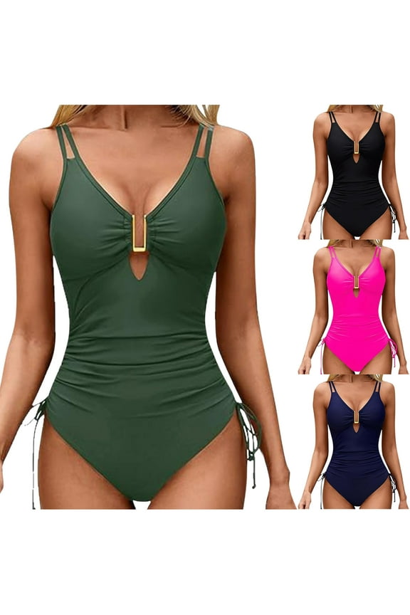 One Piece Swimsuit Women, Bathing Suit for Women, Summer Women's Ruffle Sling V-neck One Piece Swimsuit Tummy Control Solid Color Bikini Swimsuit