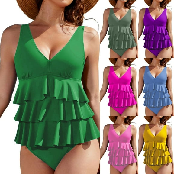 Ashirexll One Piece Swimsuit Women, Bathing Suit for Women, Summer Women's Ruffle Sling V-neck One Piece Swimsuit Tummy Control Solid Color Bikini Swimsuit