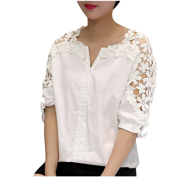Ashirexll Shirts for Women, Womens Short Sleeve Tops, Ladies' Casual Solid Color Fashion Hollow Lace Patchwork Short Sleeve Top