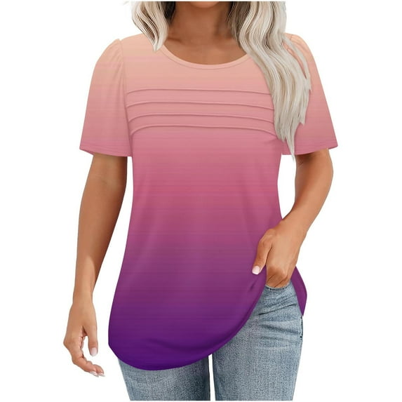 Ashirexll Shirts for Women, Womens Short Sleeve Tops, Women's Short Sleeve Round Neck Pullover Chest Pleated Gradient Color Printed Top