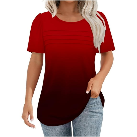 Ashirexll Shirts for Women, Womens Short Sleeve Tops, Short Sleeve Round Neck Pullover Chest Pleated Gradient Color Printed Top