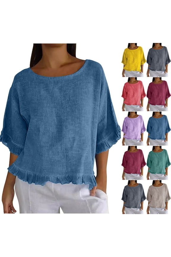 Shirts for Women, Womens Short Sleeve Tops, Women's Solid Cotton and Linen Ruffle Pleated Hem Half Sleeve Round Neck Casual Shirt