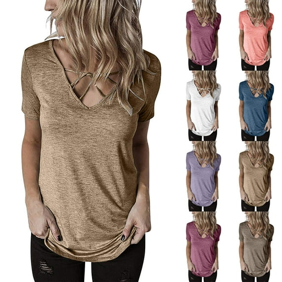 Ashirexll Shirts for Women, Womens Short Sleeve Tops, Ladies' Casual Loose Solid Color V-neck Short Sleeve Top