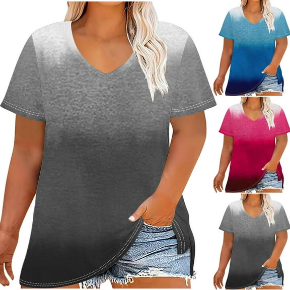 Ashirexll Shirts for Women, Womens Short Sleeve Tops, Plus Size V-Neck Short Sleeve Gradient Color Summer T-shirts