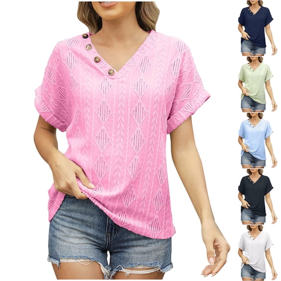 Ashirexll Short Sleeve Shirts for Women, Womens Tops Dressy Casual, Loose Casual Hollow Button V-neck Short Sleeve Top