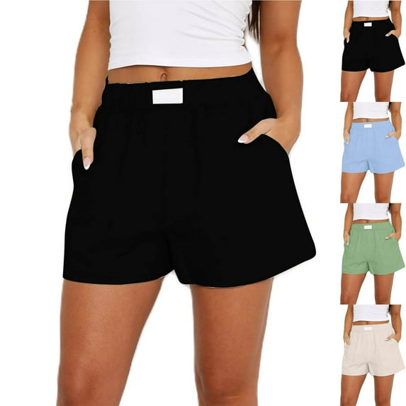 Ashirexll Summer Shorts for Women, Shorts for Women Trendy, Linen Shorts Solid Color Comfortable Elastic Wide Leg Casual Shorts