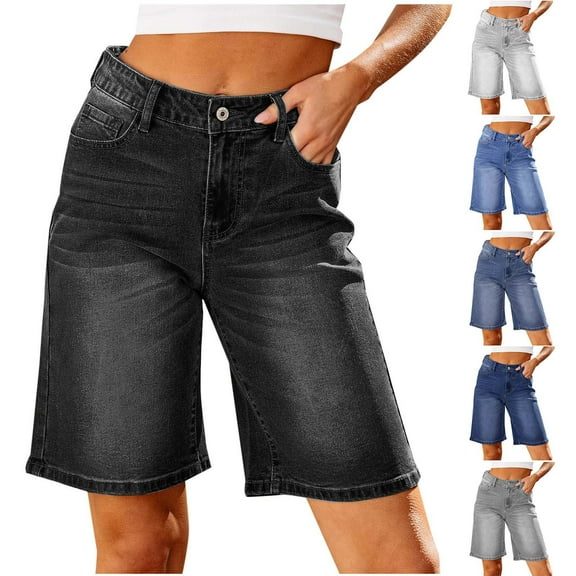 Ashirexll High Waisted Shorts Women, Shorts for Women, Women Solid Color Casual High Waist Pockets Short Pants Jeans