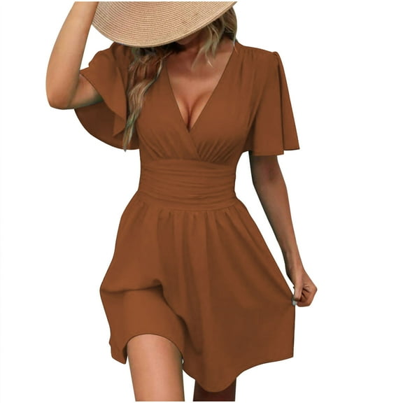 Ashirexll Summer Dresses for Women, Midi Dresses for Women Deep V-Neck Solid Color Leaf Sleeve Short Sleeve Hooded