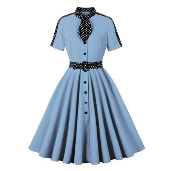 Ashirexll Summer Dresses for Women, Midi Dresses for Women, Fashion Casual Printed Summer Large Hem Short Sleeve Turndown Collar Dress