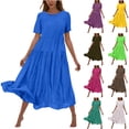 thumbnail image 1 of Ashirexll Summer Dresses for Women, Maxi Dresses for Women, Flower Solid Color Casual Short Sleeve Crew Neck Dress Casual Flowy Tiered Maxi Beach Dress, 1 of 6
