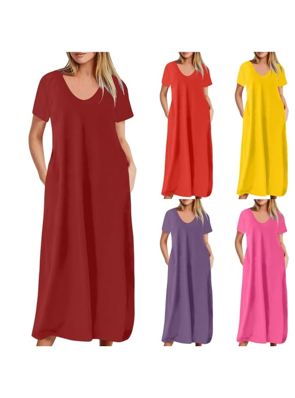 Summer Dresses for Women Maxi Dress Fashion Women's Summer Casual Sleeveless Round Neck Solid Color fork Opening Dress