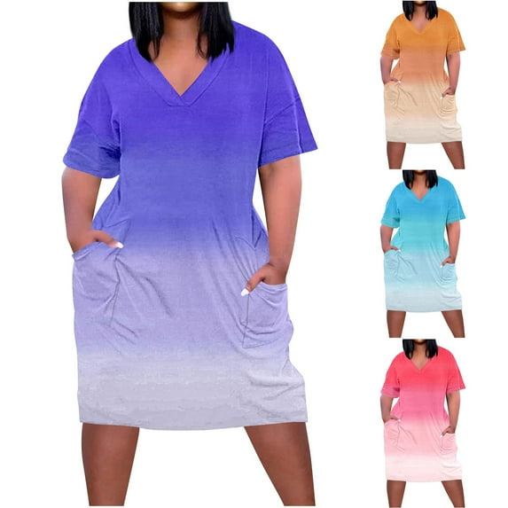 Ashirexll Summer Dresses for Women, Midi Dresses for Women, Fashion Large Printed Short Sleeve V-Neck Pocket Dress