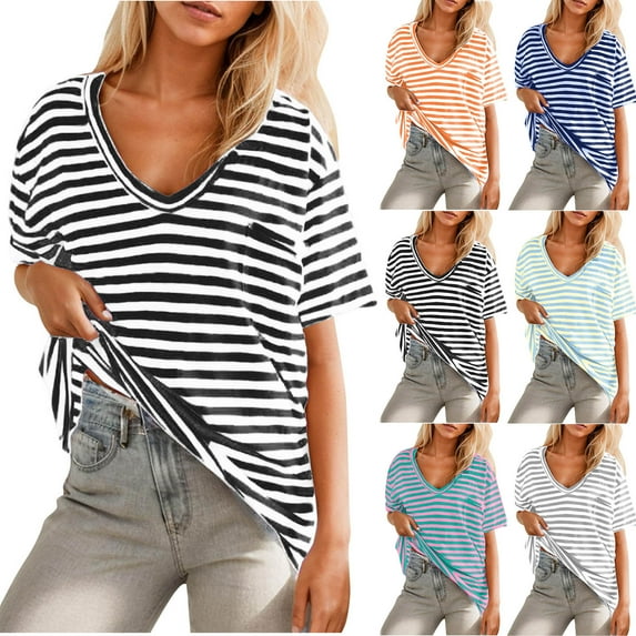 Ashirexll Summer Shirts for Women, Womens Tops Casual, Women Oversized T-shirt Striped Short Sleeve V-Neck Tee Shirt Casual Loose Drop Shoulder Summer Going Out Top