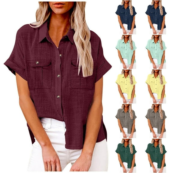 Ashirexll Summer Shirts for Women, Womens Tops Casual, Womens Solid Color Neck Loose Blouse Long Sleeve Casual Work Tunic with Pocket