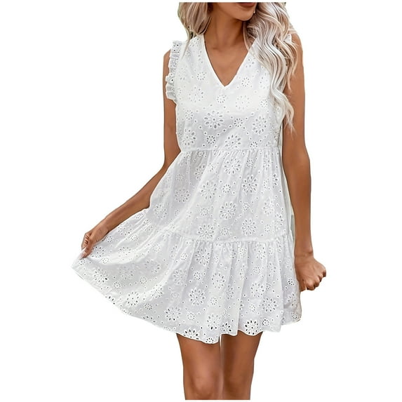 Summer Saving! Summer Saving! Ashirexll Sundresses for Women, Womens Summer Dresses, Versatile Temperament White Embroidered Fabric Sleeveless V-Neck Dress