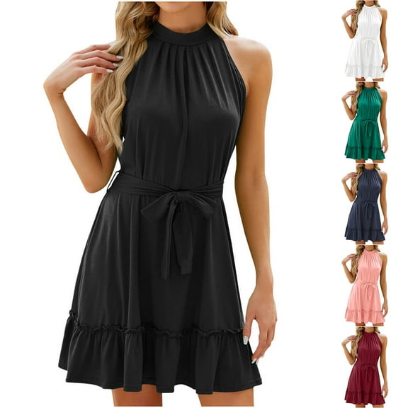Ashirexll Sundresses for Women, Womens Summer Dresses, Neck Tie Pleated Sleeveless Solid Color Round Neck Sundress