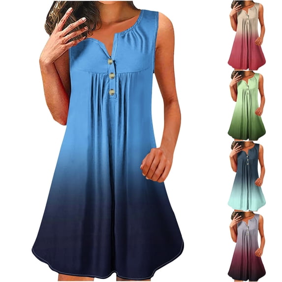 Ashirexll Sundresses for Women, Womens Summer Dresses, Sleeveless Round Neck Gradient Printed Button Pullover Dress