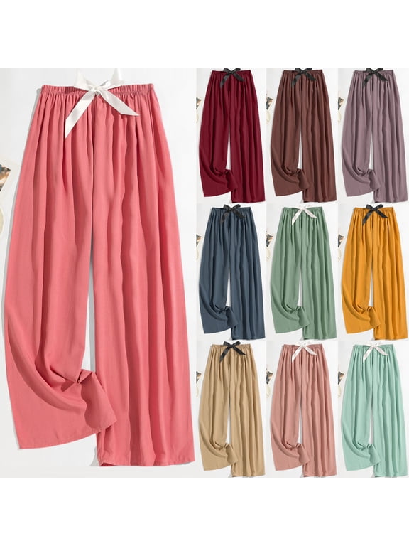 Womens Summer Pants, Loose Wide Leg Pants Elastic Waist Drawstring Solid Color Casual Pants for Women