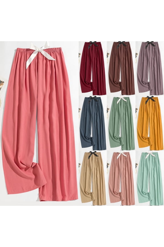 Women's Pants, Womens Casual Pants, Summer Loose Wide Leg Pants Womens Elastic Waist Drawstring Pants Solid Color Casual Pants