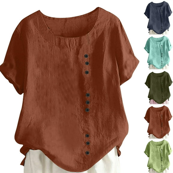 Summer Saving! Ashirexll Women's T-shirts, Short Sleeve Tops for Women, Women's Summer Round Neck Short Sleeve Casual Fashion Printed Button Top T-Shirt