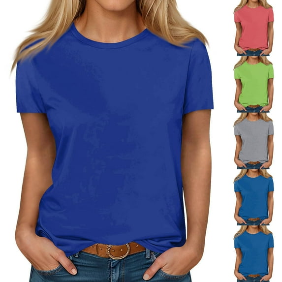 Ashirexll Women's T-shirts, Short Sleeve Tops for Women, Women's Fashion Solid Short Sleeve Blouse Round Neck T-Shirt Casual