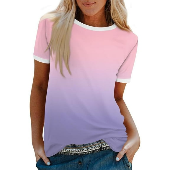 Ashirexll Women's T-shirts, Womens Short Sleeve Tops, Fashion Women's Casual Gradient Printed Blouses Patchwork Short Sleeve Round Neck Top