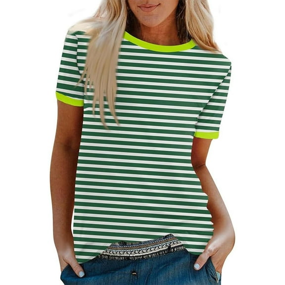 Ashirexll T-shirts, Womens Short Sleeve Tops, Fashion Casual Striped Printed Blouses Patchwork Short Sleeve Round Neck Top