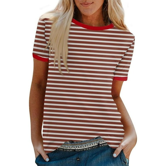 Ashirexll T-shirts, Womens Short Sleeve Tops, Fashion Casual Striped Printed Blouses Patchwork Short Sleeve Round Neck Top