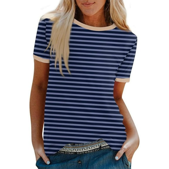 Ashirexll T-shirts, Womens Short Sleeve Tops, Fashion Casual Striped Printed Blouses Patchwork Short Sleeve Round Neck Top